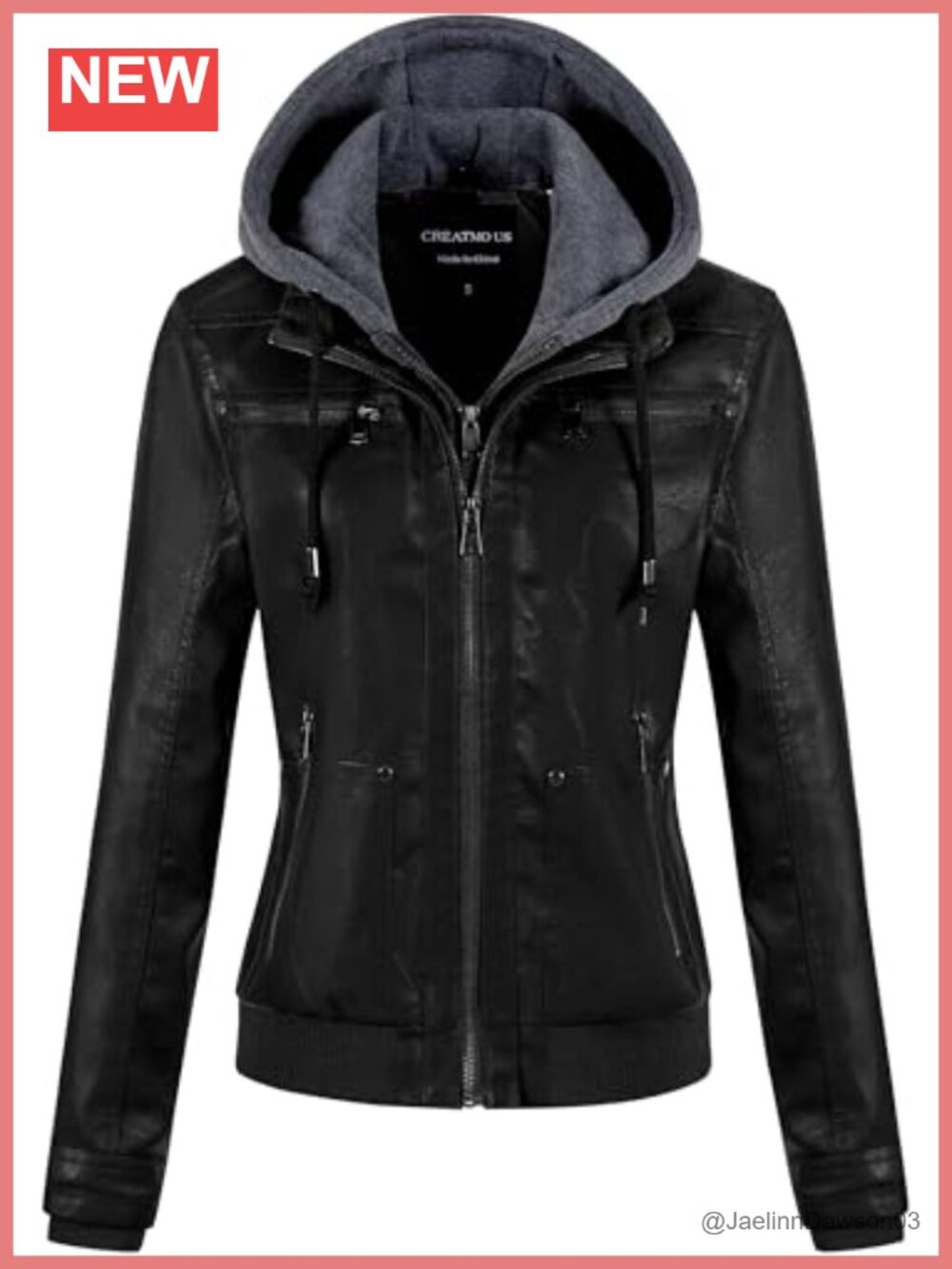 Women's Faux Leather Jacket Waterproof Moto Biker Bomber Coat Removable Hood